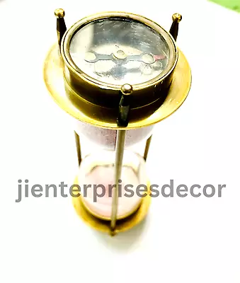 Antique Brass Sand Timer 5 Minute With Maritime Compass Pink Sand Hourglass Time • $35