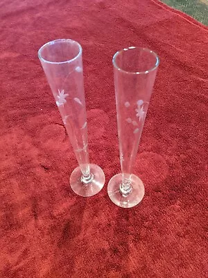 Vintage 10.5  Champagne Flute Glasses. Clear With Flower/Leaf Etching. Set Of 2. • $12.50