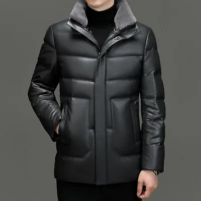 Mens Genuine Leather Down Jacket Thick Fur Collar Leather Coat Sheepskin Jacket • $153.99