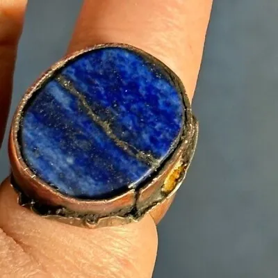 Lapis Lazuli Ring Copper Brass Wide Band Size 11  Brutalist  Crooked  • $68