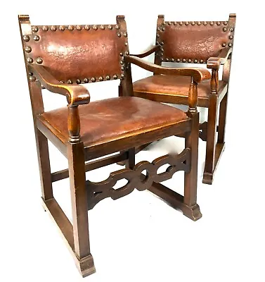 Antique Pair Of Edwardian Oak & Leather Hall Chairs / Library / Office C.1900 • £292.50