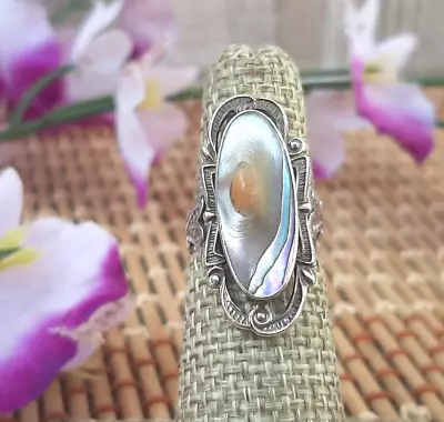 VINTAGE LONG OVAL STERLING SILVER ABALONE / MOP PINKIE  RING  Sz 4.5 • $37.88