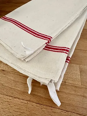 £48 • Buy 4 Vintage French Linen Tea Towels Traditional Café Cream With Red Stripes Loops