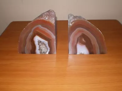 Pair Brown AGATE Geode Bookends * Druzy Center * Natural Crystal Polished Quartz • $39.95