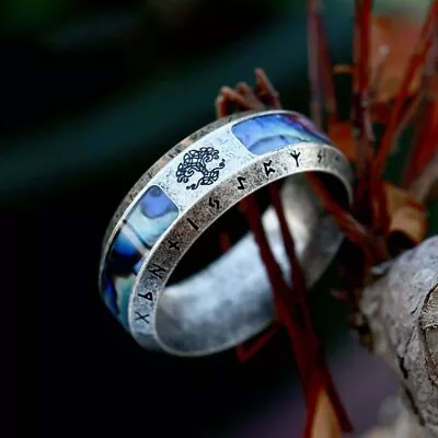 Shell Inlay Viking Runes Tree Of Life Ring Stainless Steel Tribal Wedding Bands • $9.39