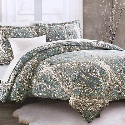 3pc Nicole Miller Paisley Medallion FULL QUEEN Duvet Cover Shams Set Green Blue • $109.24