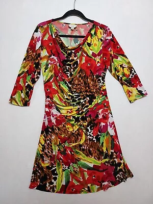 Eci NEW YORK Colorful Dress Sz L Stretchy Gathered Pleats Animal Floral Scoop • $16.09
