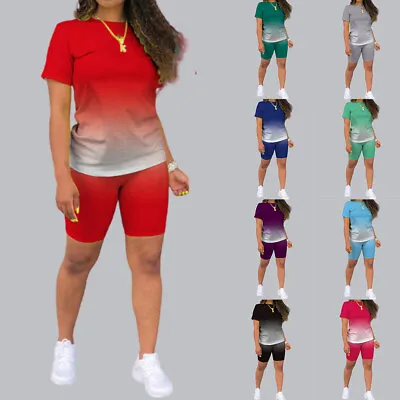 £14.19 • Buy 2PCS Women Co-ord Gradient Tracksuit T Shirt Shorts Gym Loungewear Set Plus Size