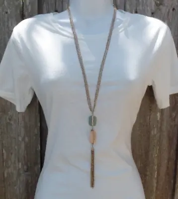 Long Tassel Necklace Gold Tone Mint Green Light Pink Stone Sweater Necklace 40  • $11.95