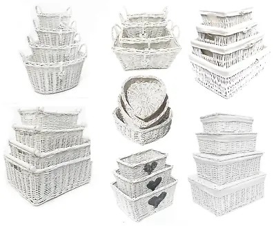 £22.99 • Buy White Shabby Chic Wicker Kitchen Crafts Home Storage Hamper Basket With Handle