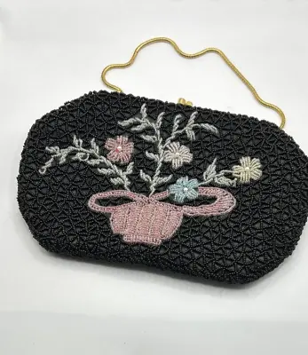 Vintage Hand Beaded Purse With Pink & Blue Flower Basket Motif Hong Kong JCS • $23.99