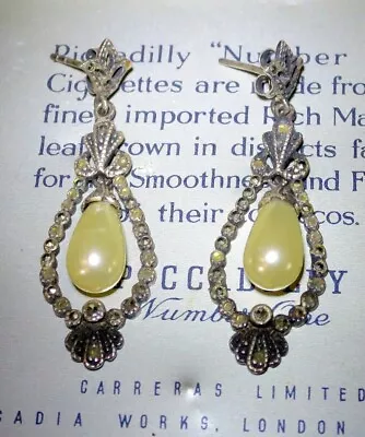 Antique Victorian 925 Sterling Silver Earrings With Diamonds & Pearls • £7.50