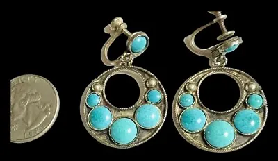 Vtg Mexico Sterling Silver Turquoise 1”  Hoop Drop Dangle Earrings Screw Back • $36