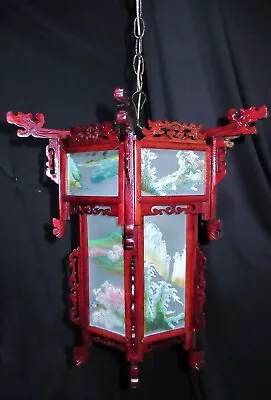 $655 • Buy Vintage Japanese Wooden Pagoda Chandelier Hanging Lighting Hand Painted Panel