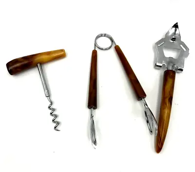 Vintage Bareware Tortoise Bakelite Bar Tool Set Tongs Bottle Opener Cork Screw • $36