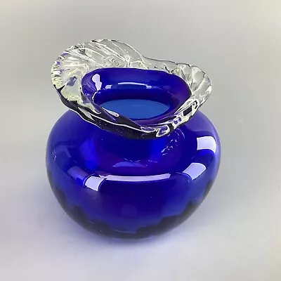 Australian Art Glass Vase Signed John Walsh 92 Cobalt Blue Pie Crust Rim • $77
