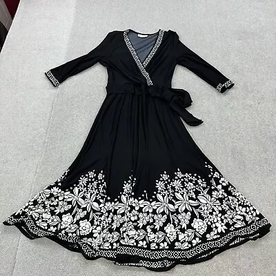 Eastex Ladies Dress Black 10 Long Sleeve Midi Tea Dress Wrap Floral Stretch VGC • £15.95