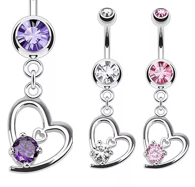 £3.99 • Buy TITANIUM Heart Dangle Belly Bar (Purple Clear Pink)  6mm 8mm 10mm 12mm 14mm 16mm