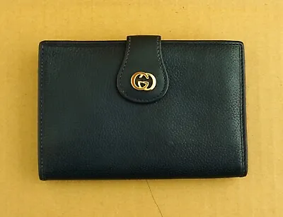 $140 • Buy Authentic Vintage GUCCI Navy Blue GG Interlock Leather Bifold Snap Clutch Wallet
