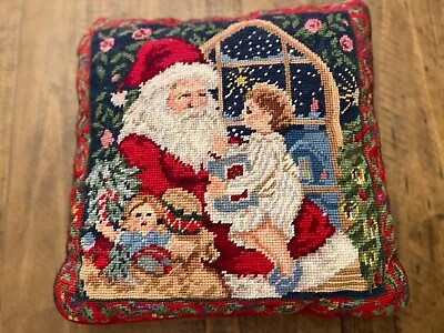 $17.50 • Buy Vintage Handmade Christmas Needlepoint Pillow With Santa & Child 14”x14”