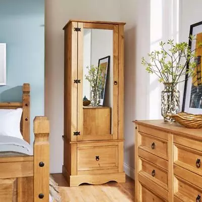 Corona Pine Armoire Wardrobe 1 Door Mirrored 1 Storage Drawer Solid Wood • £189.99