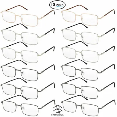 Reading Glasses Mens Womens 12 Pack Spring Hinge Square Metal Frame Wholesale • $24.95