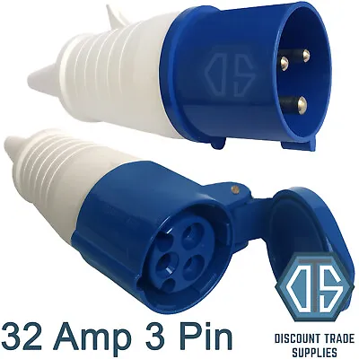 32 Amp 3 Pin Plug & Coupler Socket 2P+E Industrial IP44 Blue EC32324 EP32324 • £15.99