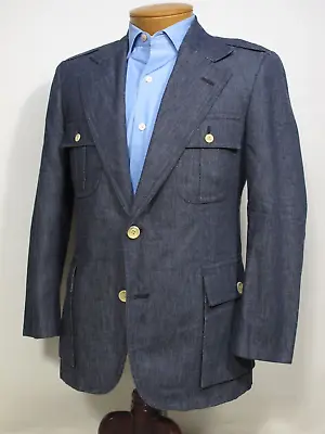 Vtg Hand Made Denim Safari Cargo Jacket Sport Coat 38S Indigo Blue Full Canvas • $215