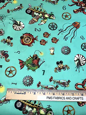 QT Aquatic Steampunk Tossed 100% Cotton Fabric By The Yard AQUA 28392 Q • $7.45