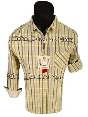 Mens Shirt Tan Khaki Plaid Stripe Button Pocket Slim Fit PLATINI Pin-Up Sleeves • $9.95
