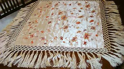 Antique Peach Silk Fringed Embroidered Shawl Scarf • $75