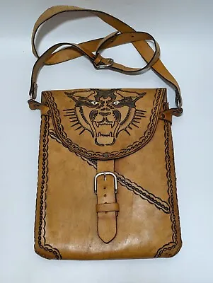 Vintage Large Handmade Men's Leather Bag With Embossed Tiger And May Calendar • $100