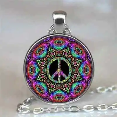 Mandala Peace Symbol Cabochon Round Pendant Necklace • $8.95