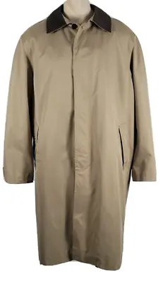 LL Bean Mens Khaki Tan Trench Coat W/Zip Out Liner & Brown Leather Collar Sz XL • $56.24