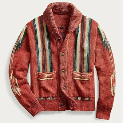 Mens Cardigan Knit Sweater Autumn And Winter Vintage Print Sleeve Lapel Coat • $38.87