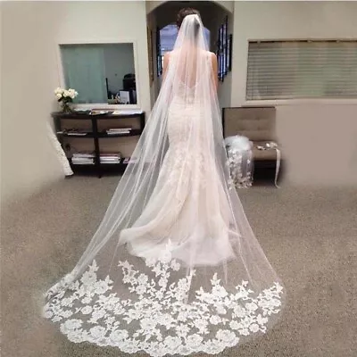 3M White Ivory Cathedral Wedding Bridal Veils Lace Applique Edge Veil Comb I1 • £16.58