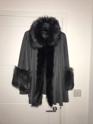 £40 • Buy Womens Grey Suede Faux Fur Cape Poncho Jacket By Jayley Collection NEW One Size