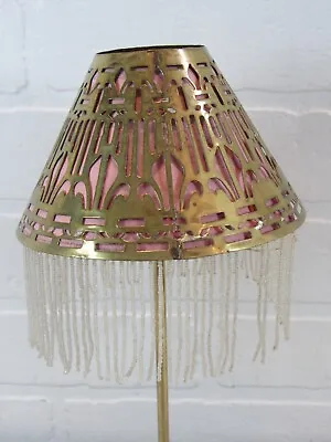Brass Reticulated Pierced Lamp Shade Pink Lined Beaded Fringe Old Art Deco • $54