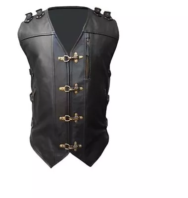 Real Mens Cow Leather Black Heavy Duty Motorcycle Biker Style Vest • £74.99