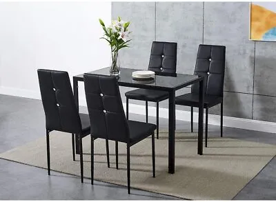 Black Glass Dining Table And 4 Padded Chairs Set Optional Home Kitchen Furniture • £59.99