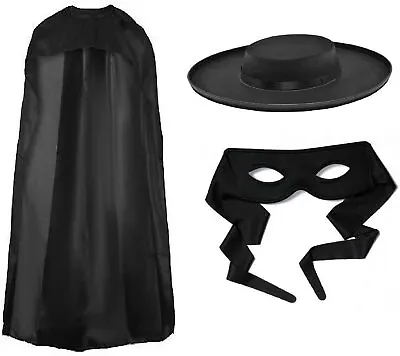Mens Zorro Spanish Superhero Bandit Fancy Dress Costume Hat Cape Eye Mask Set • £17.85