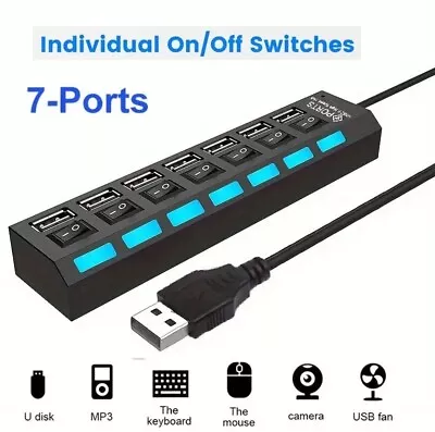 7 Ports Hub USB 2.0 High Speed Multiple Adapter Extension Cable PC Laptop • £6.99