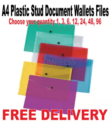 A4 Plastic Stud Document Wallets Files Folders Filing School Office Assorted • £1.79