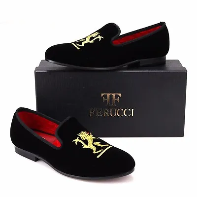 Handmade FERUCCI Men Black Velvet Slippers Flats Loafers With Lion Crest • $89.99