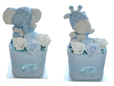 Baby Boy Single Tier Nappy Cake With Blue Elephant Giraffe New Born Baby Gift  • £18.99