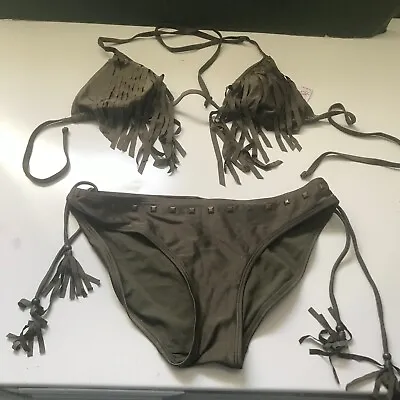 Khaki Green Fringe Tassel Bikini Size 10 UK Removeable Padding Stud Detail • £6.95