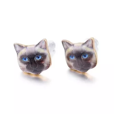 £3.99 • Buy Real 14K Gold Plated Enamel Cat Kitten Stud Earrings With Backings