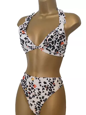 Cream Black Warehouse Leopard Ruffle Frill Halter Neck Bikini Size 12 / 14 • £6.99