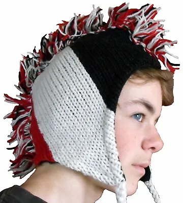 Beanie Mohawk Hat Red Black & White Hand Knit 100% Wool Polyfleece Lined Nepal • $9.78