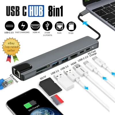 $31.99 • Buy 8 In 1 USB-C HUB Type-C USB Multi 3.0 4K HDMI RJ45 Ethernet Micro SD TF OTG